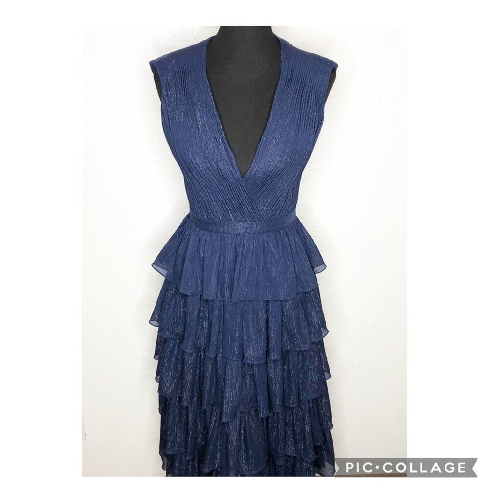 IEENA for Mac Duggal navy metallic tiered ruffle sleeveless midi formal dress 4